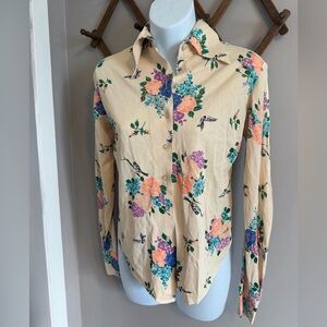 70s Vintage Kay Silver Floral Bird Novelty Print Blouse Cream Size S